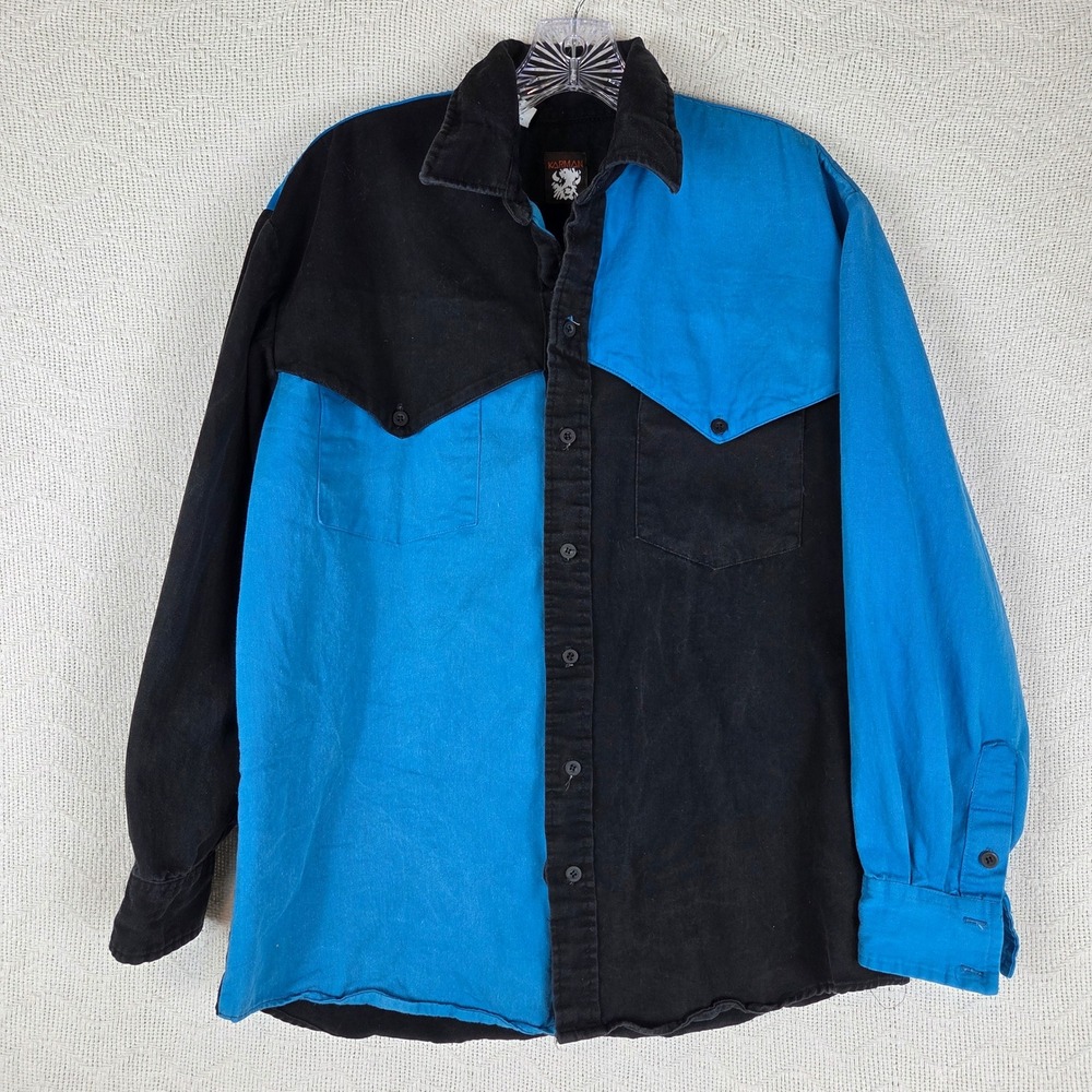 Vintage Karman Mens Western Shirt Colorblock Black Blue Long Sleeve Yoke XL